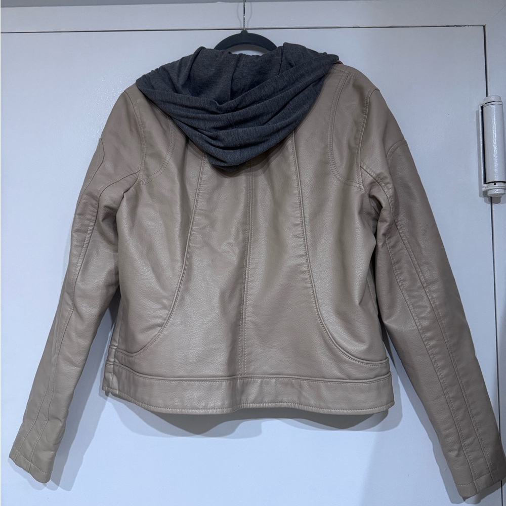 Black Rivet Taupe faux Leather Moto Jacket with Removable Dark Gray Hoodie - Picture 2 of 4